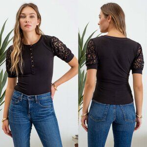 MINE Black Half Button Lace Puff Short Sleeve Knit Top NEW